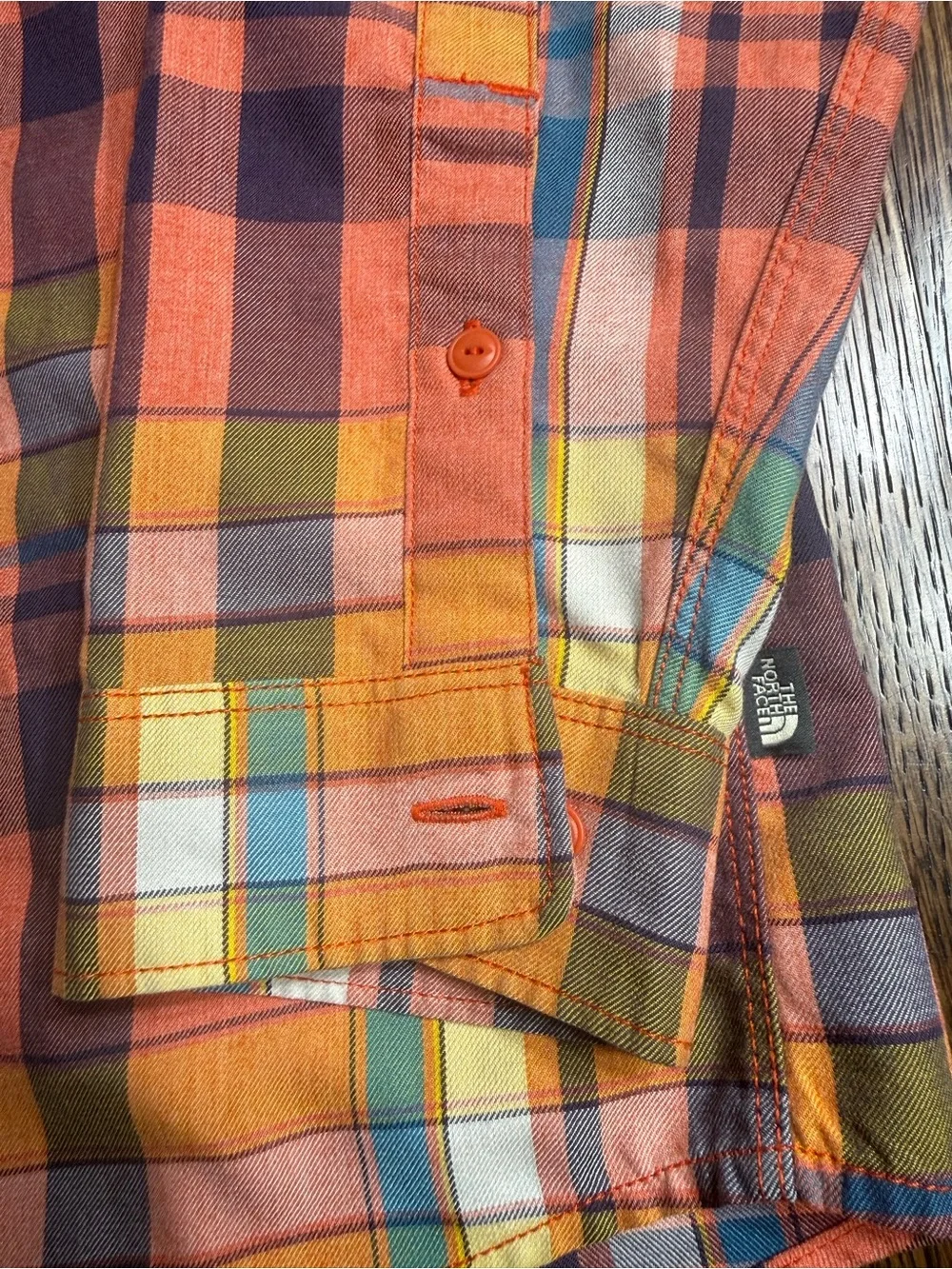 The North Face Men's Plaid Button-Up Shirt in Orange and Blue - size Medium